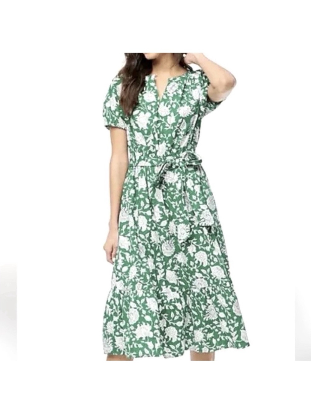J Crew Puff Sleeve Vibrant Green Floral Tie-Waist Midi Dress Boho Classic Sz 10